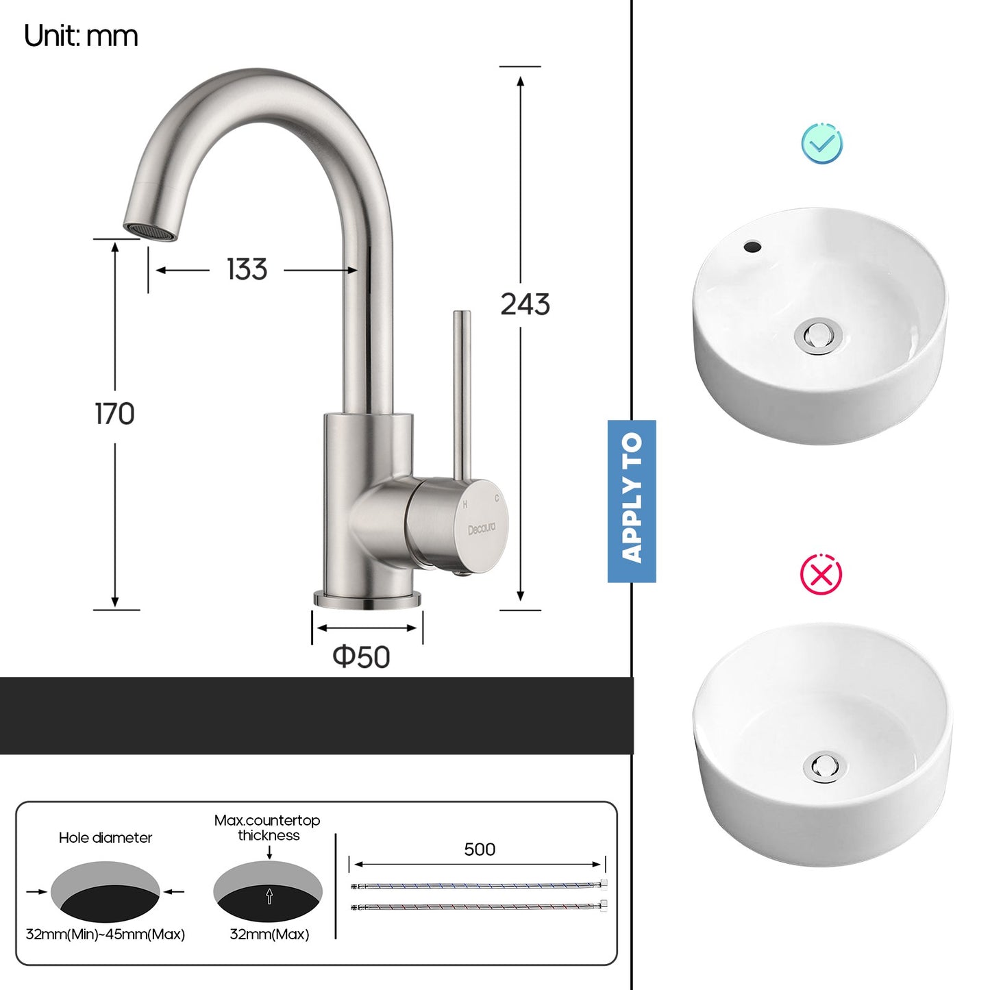Decaura Bathroom Basin Vanity Mixer Tap Brushed Nickel/Chrome/Black/Brushed Gold