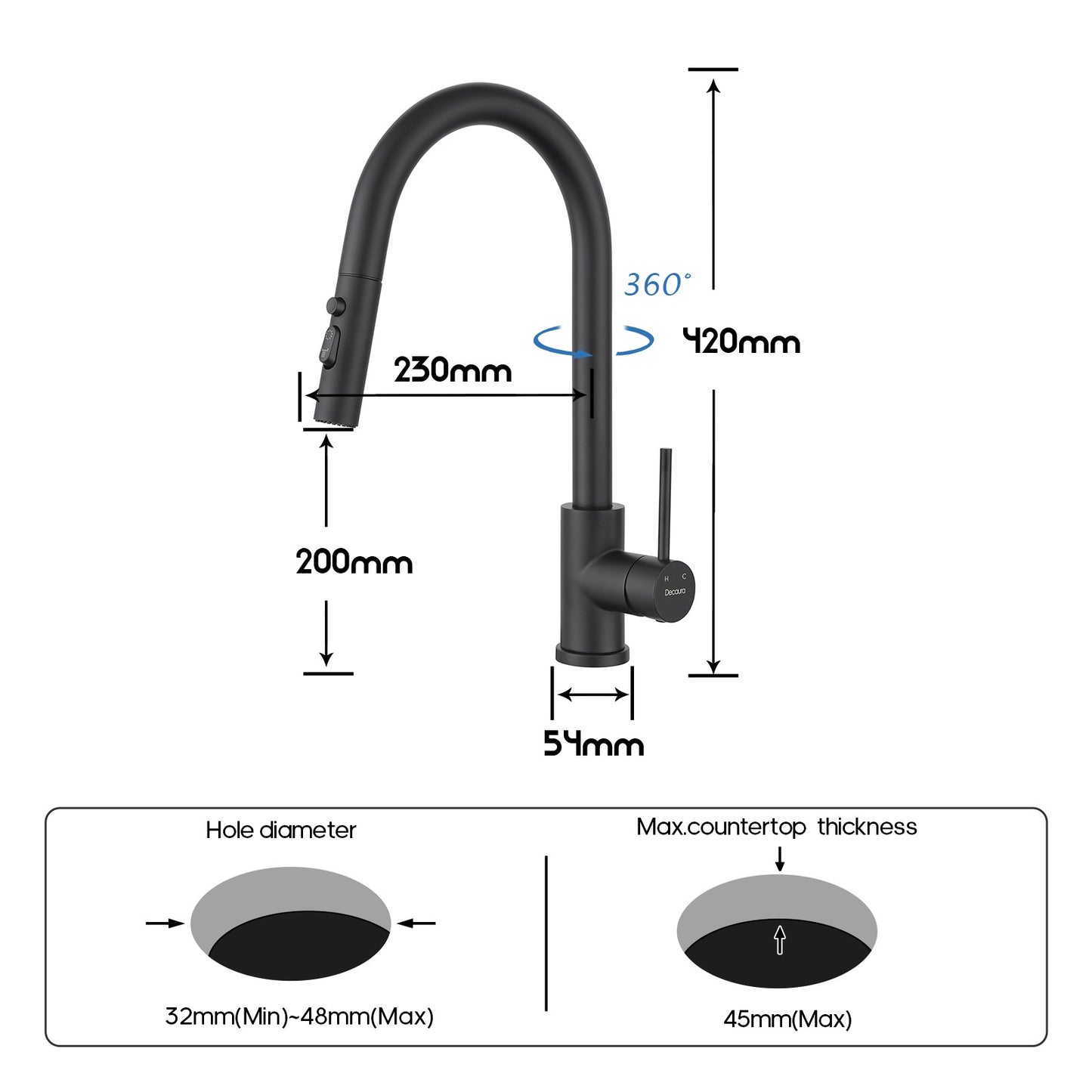 Decaura Kitchen Mixer Tap Pull Out Black 3-Mode Spray Head Sink Faucet Swivel