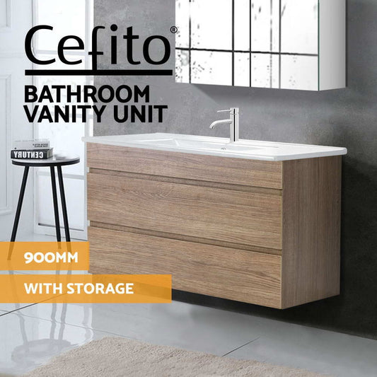 Cefito Vanity Unit 915mm Basin Bathroom Cabinet Storage Wall Hung Sink Oak
