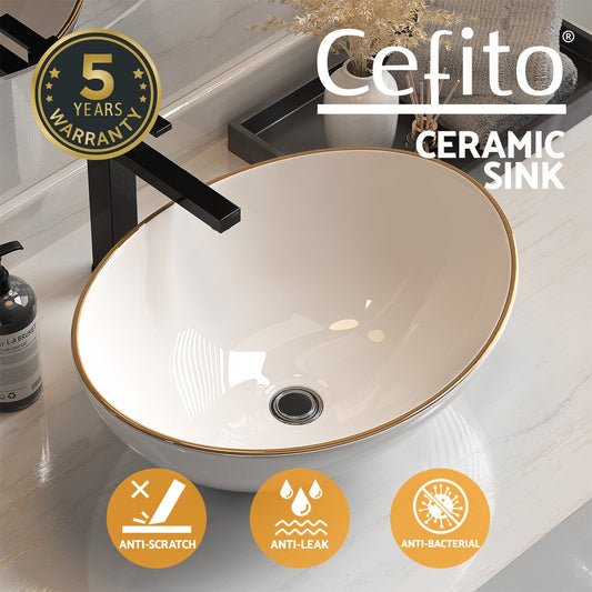 Cefito Bathroom Basin Ceramic Vanity Sink Hand Wash Bowl Gold Line 41x34cm