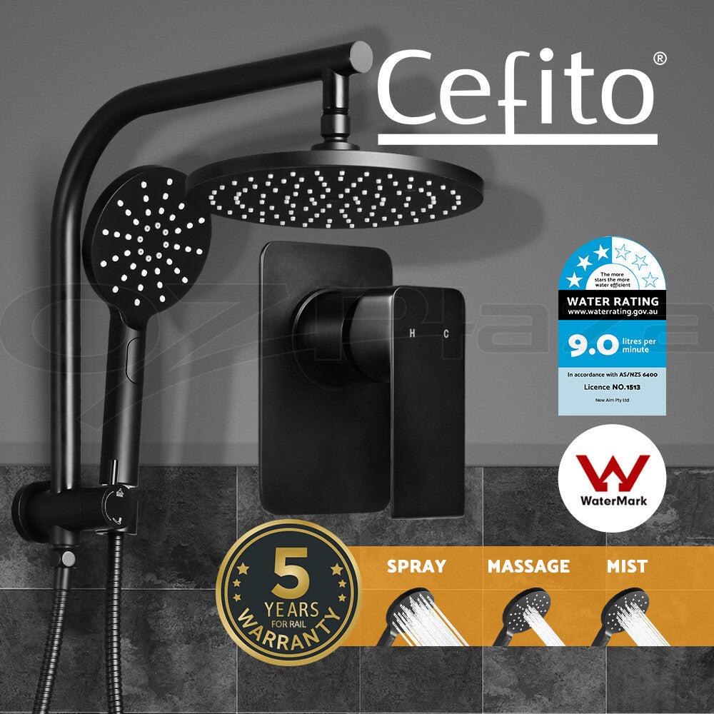 Cefito 9'' Rain Shower Head Mixer Round Handheld High Pressure Wall Black