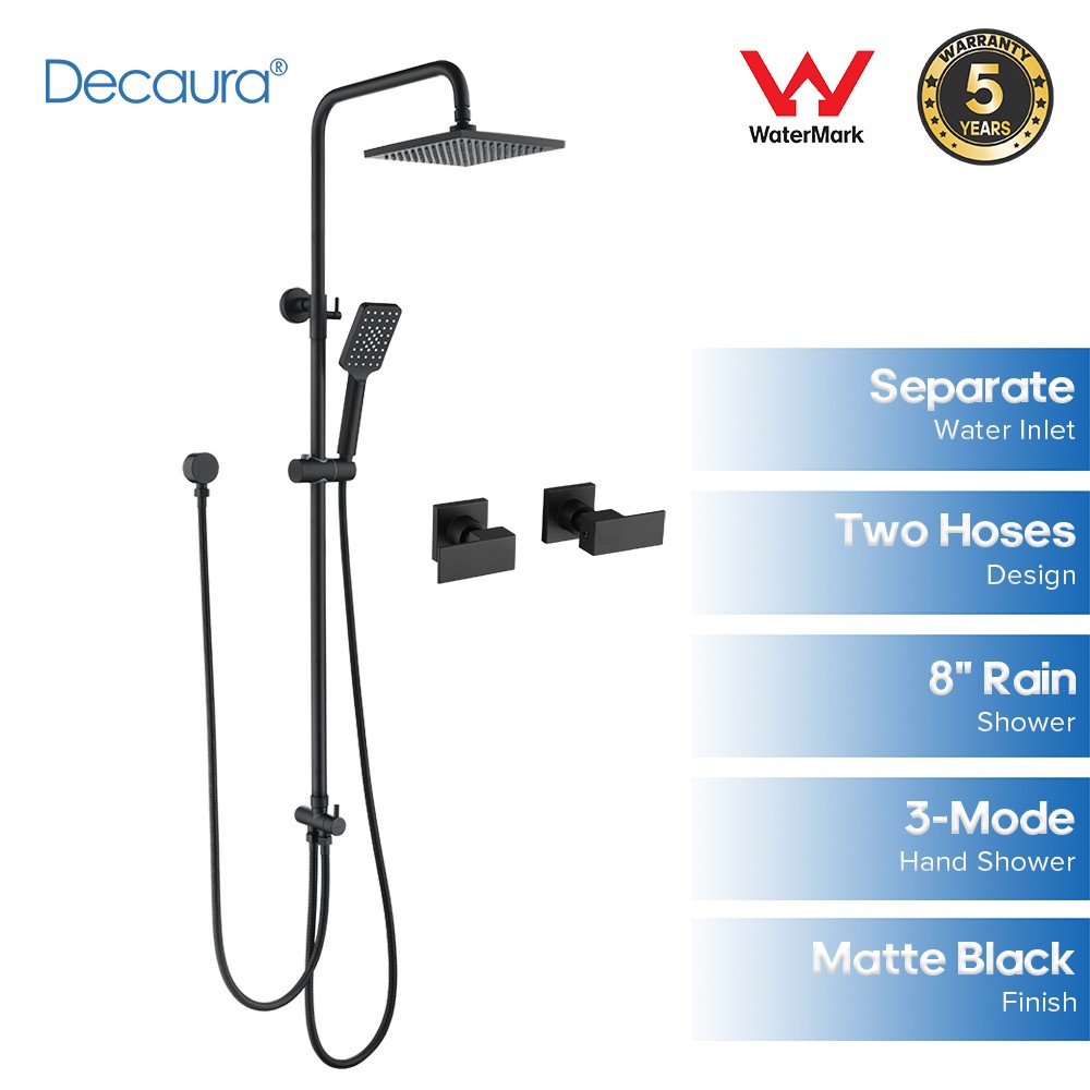 Decaura Square Shower Head Set  Black/Chrome Separate Water Inlet Wall Tapware