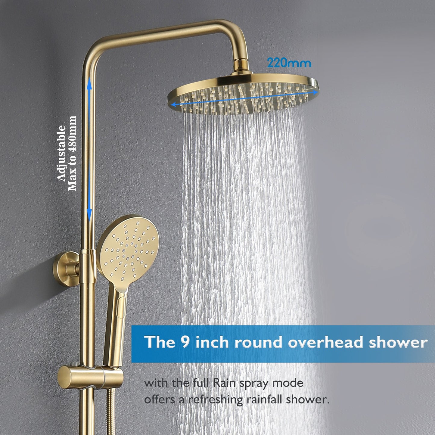 WELS 9" Rain Shower Head Set Brushed Gold Separate Water Inlet Shower Mixer Taps