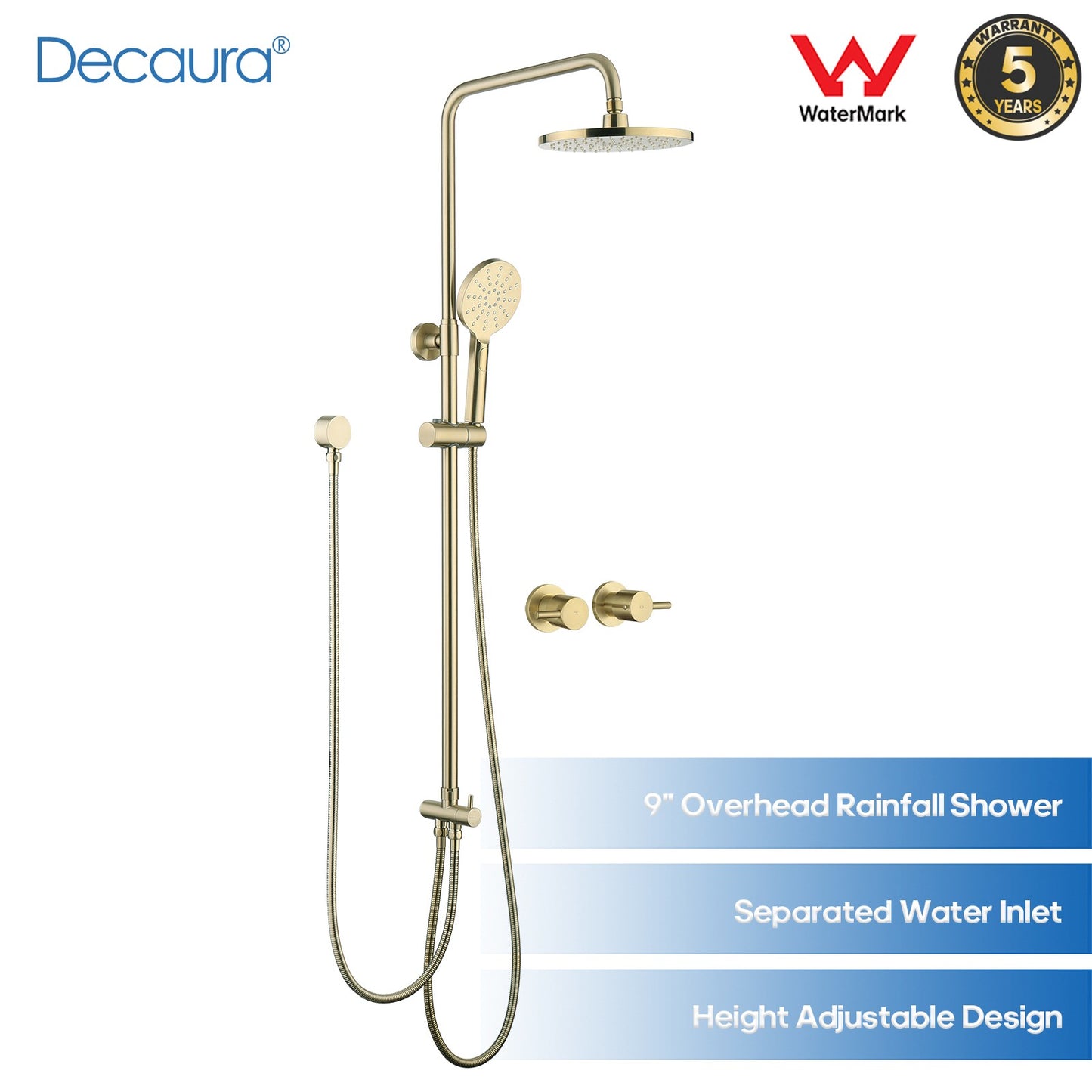 WELS 9" Rain Shower Head Set Brushed Gold Separate Water Inlet Shower Mixer Taps
