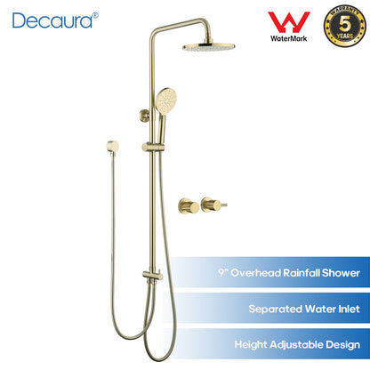 WELS 9" Rain Shower Head Set Brushed Gold Separate Water Inlet Shower Mixer Taps