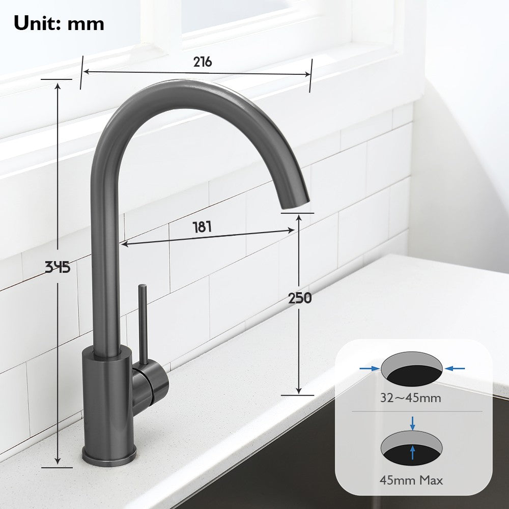 Decaura Kitchen Sink Mixer Tap Brushed Gunmetal Grey Swivel Gooseneck Arm Round