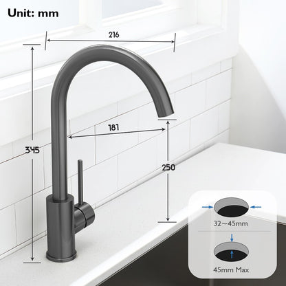 Decaura Kitchen Sink Mixer Tap Brushed Gunmetal Grey Swivel Gooseneck Arm Round