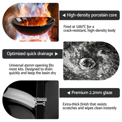 Cefito Bathroom Basin Vanity Sink Vessel Bowl Ceramic Wash Oval Countertop Black