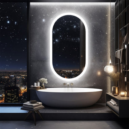 Oval Lighted LED Bathroom Mirror Pill Shaped Anti-Fog Smart Makeup Vanity Mirror
