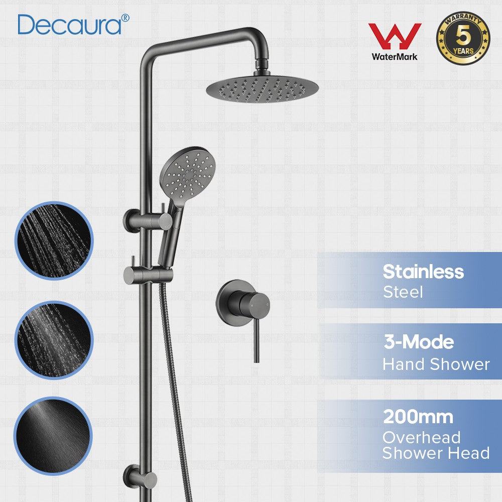 Decaura Bathroom Rain Shower Head Set Round Gooseneck Shower Arm Gunmetal Grey