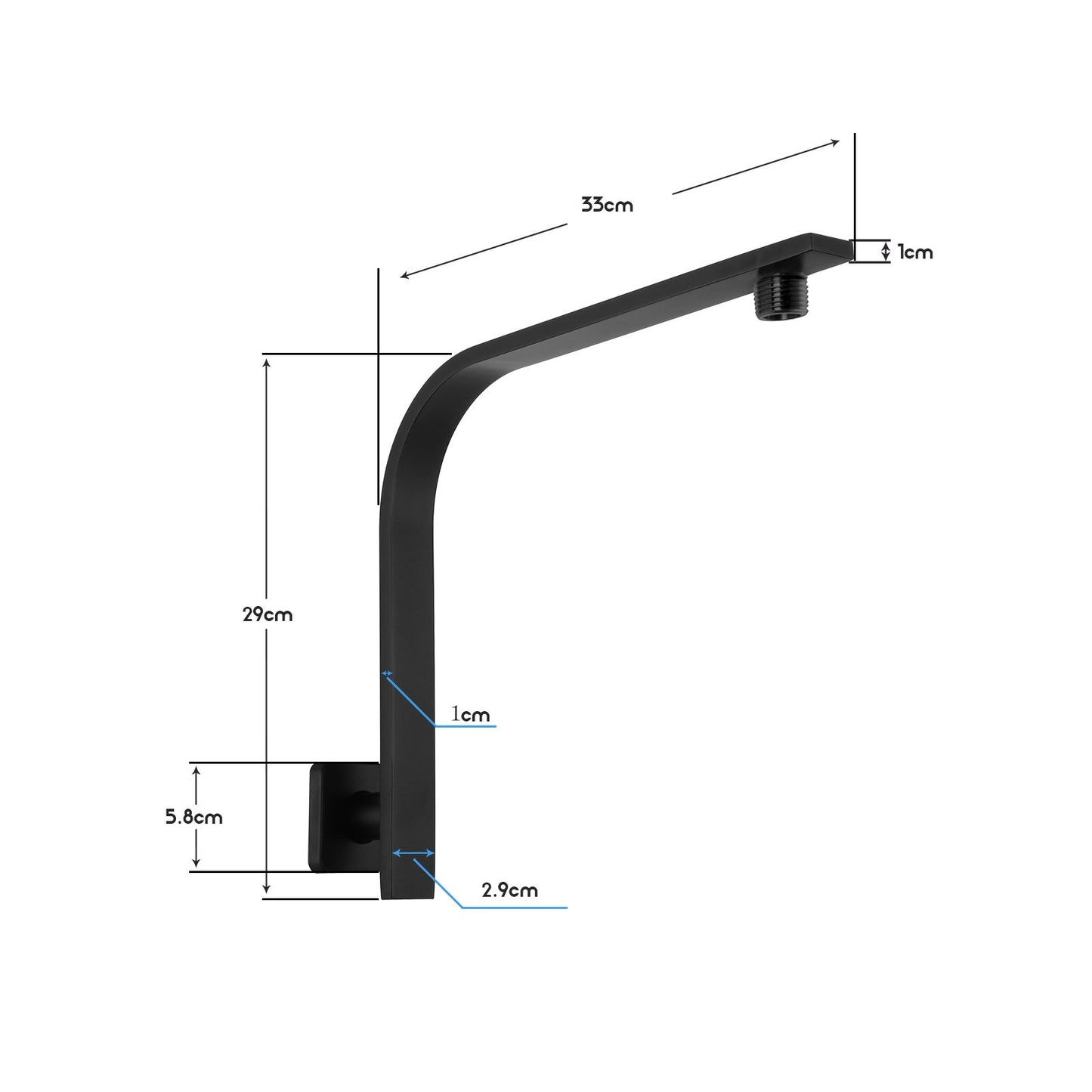 Decaura Gooseneck Shower Arm Black Square Bathroom Overhead 29cm in height