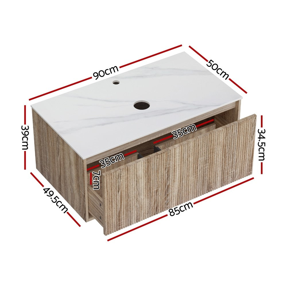 Cefito Vanity Unit 900mm Bathroom Cabinet Storage Wall Hung Oak Grooved Timber