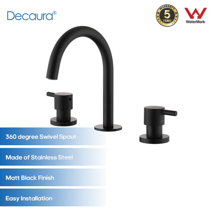 Decaura Black Basin Tap Set Two Handles 360° Swivel Spout and 1/4 turn Mixers