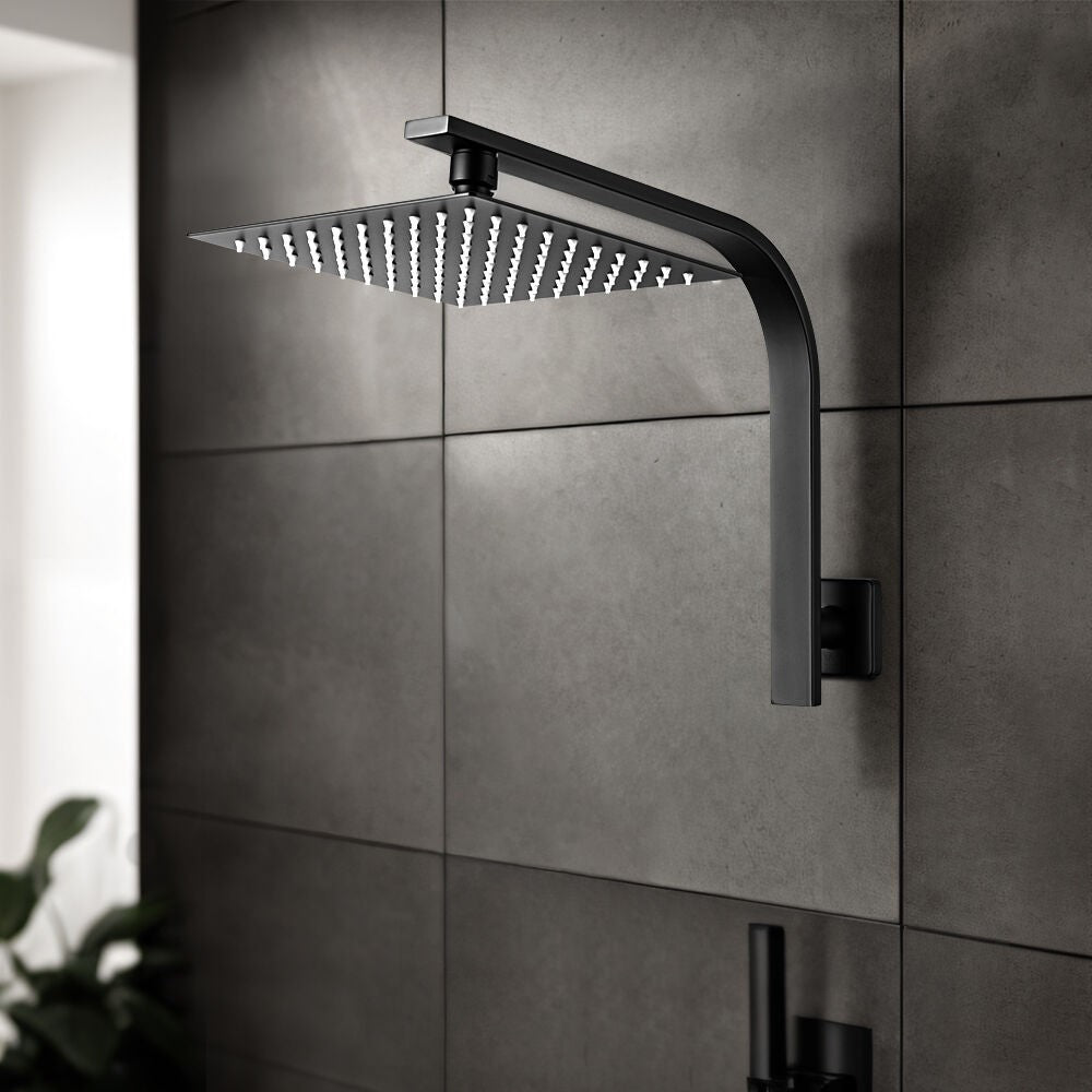 Simplus 8" Rain Shower Head Set Square Gooseneck Shower Arm Wall Mounted Black