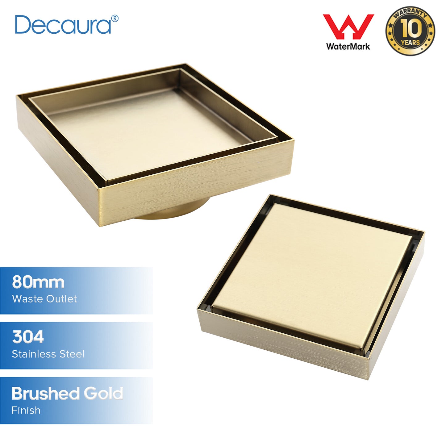 Decaura Shower Floor Waste Tile Insert Brushed Gold Square 80mm Outlet Stainless