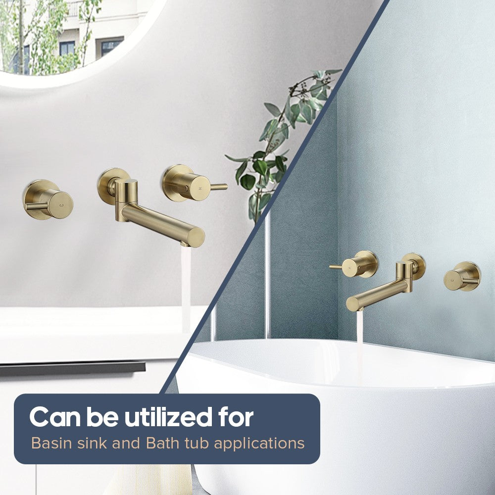 WELS Brushed Gold Swivel Bath Spout and Taps Set Wall Mounted Bathroom