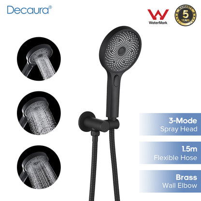 Decaura Hand Held Shower Head Set Black 3-Mode+Elbow+1.5m Hose+Shower Holder