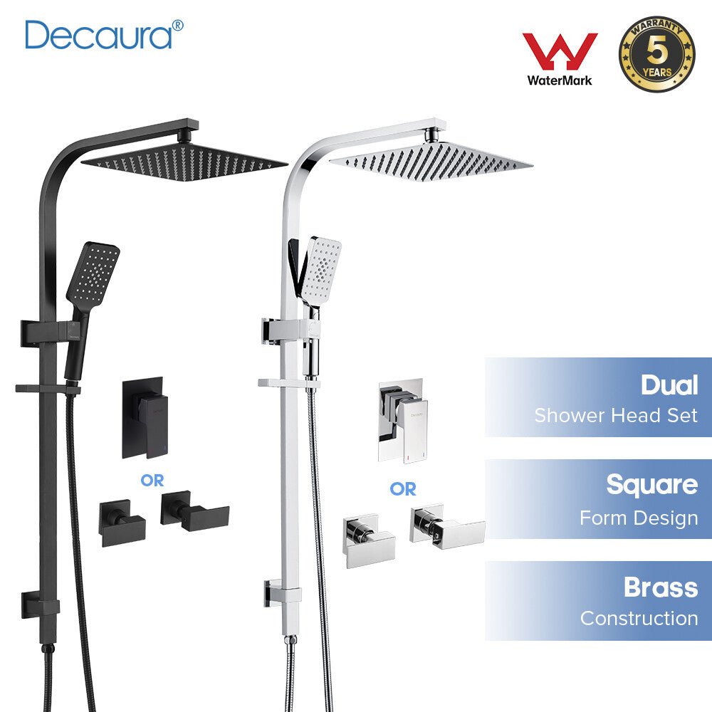 Decaura 10" Rain Shower Head Set Square Shower Taps Chrome/Black Gooseneck Arm