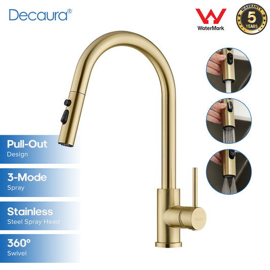 Decaura Kitchen Mixer Tap Pull Out Brushed Gold with Stainless Steel Spray Head