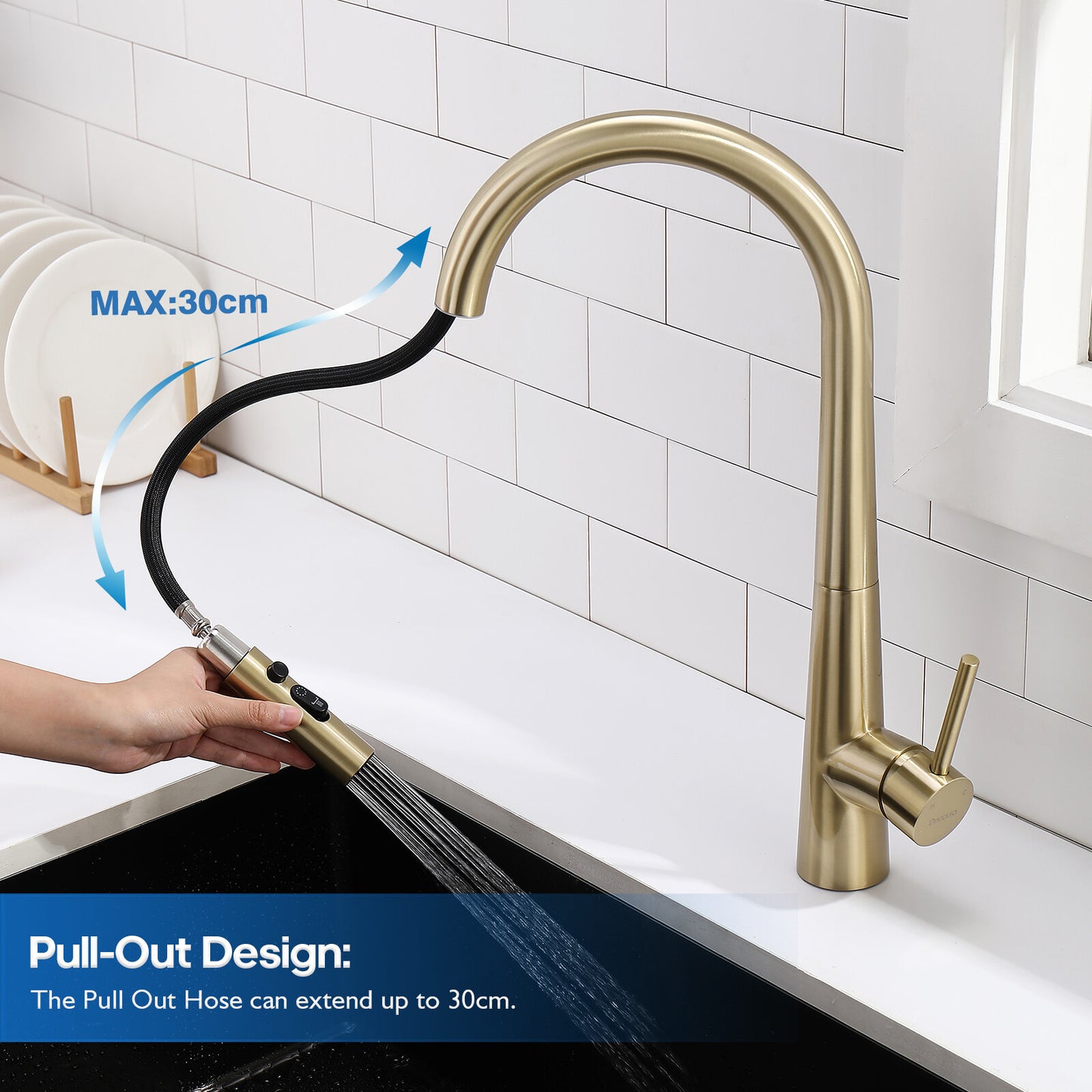 Decaura Kitchen Tap Sink Mixer Faucet Brushed Gold Pull Out 3-Mode Spray Head