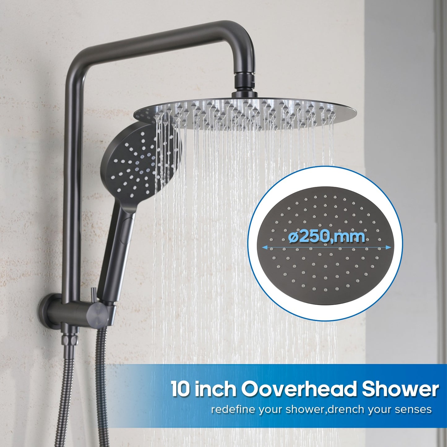 Decaura 10'' Shower Head Set Handheld 3-Mode Rain Shower Brushed Gunmetal WELS