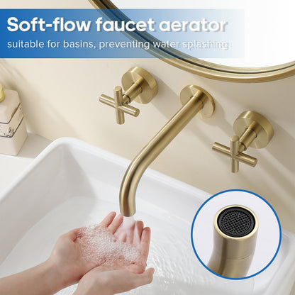 Decaura Bath Tap Set Wall Mount Brushed Gold 1/4 Turn Cross Handle Bathroom