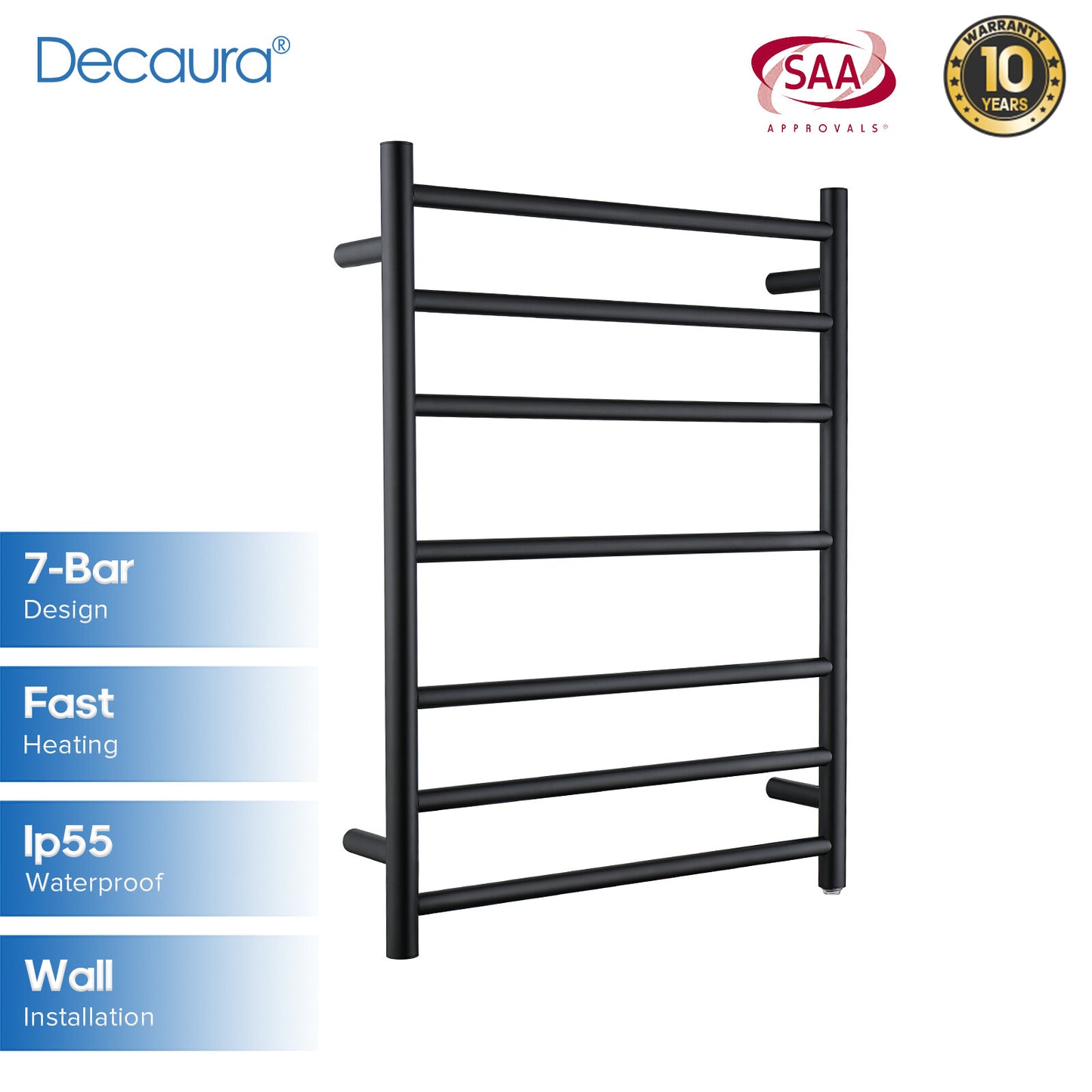 Decaura Heated Towel Rail Wall Mounted 7 Rungs Matte Black 304 Stainless Steel