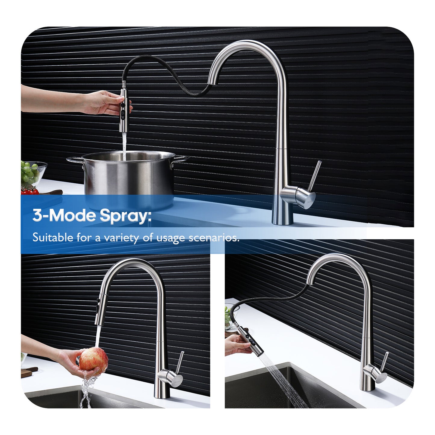 Decaura Kitchen Sink Mixer Tap Faucet Pull Out 3-Mode Metal Spray Head Stainless