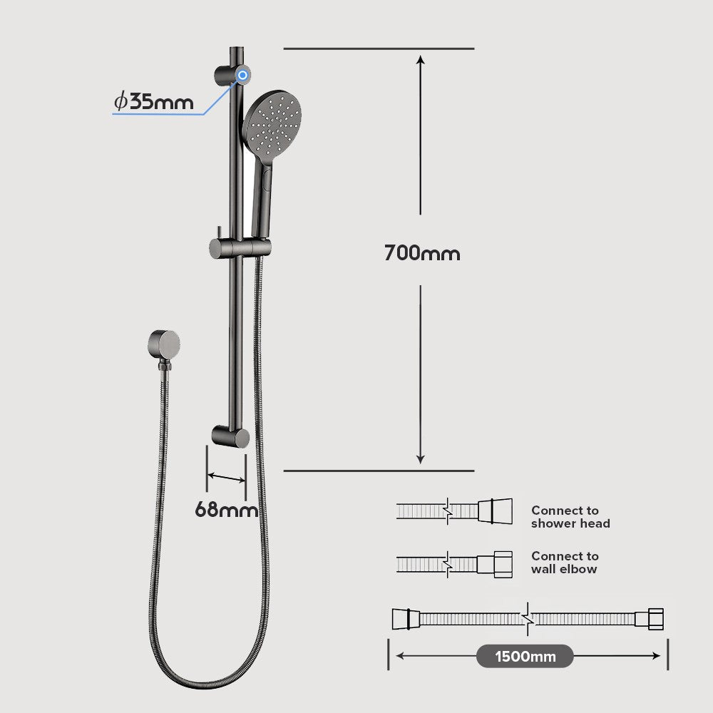 Decaura Brushed Gunmetal Hand Held Shower Head on Sliding Rail Set 3-Mode Spray