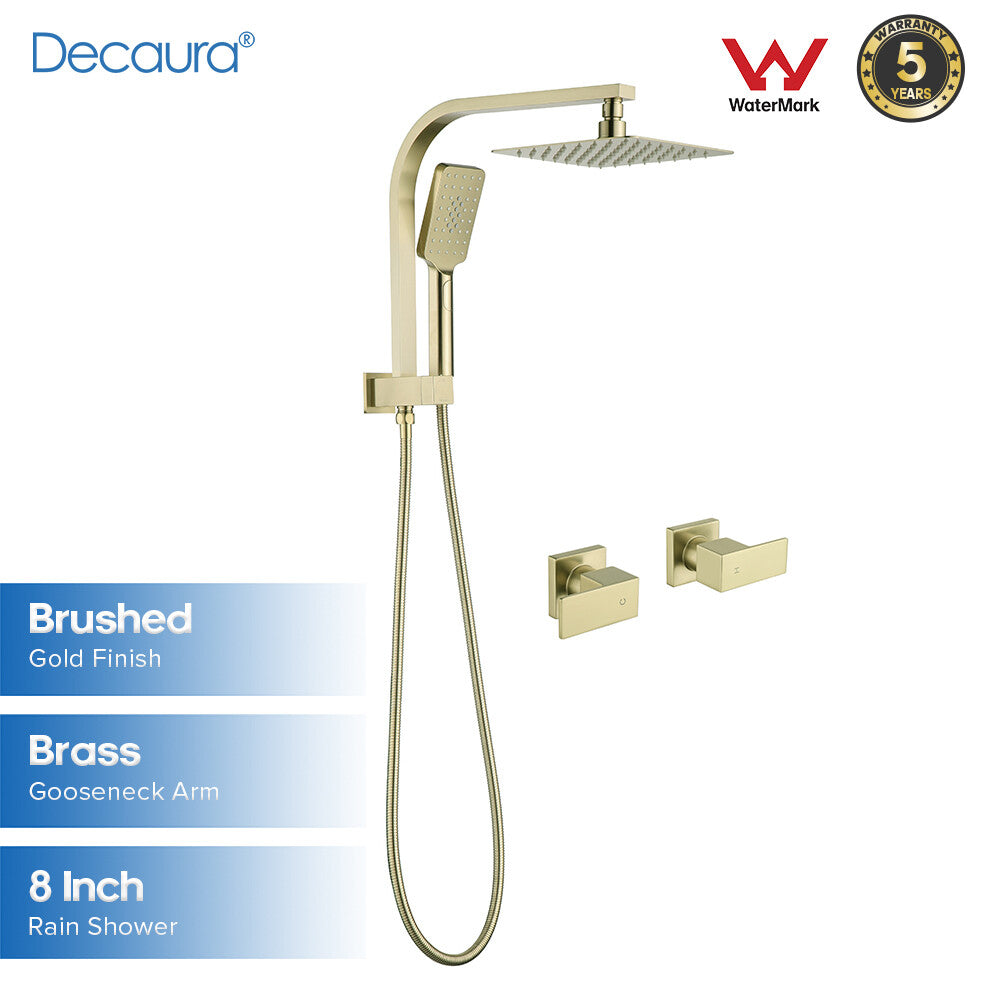 Decaura 8" Rain Shower Head Set Brushed Gold Square Gooseneck Arm Shower Taps