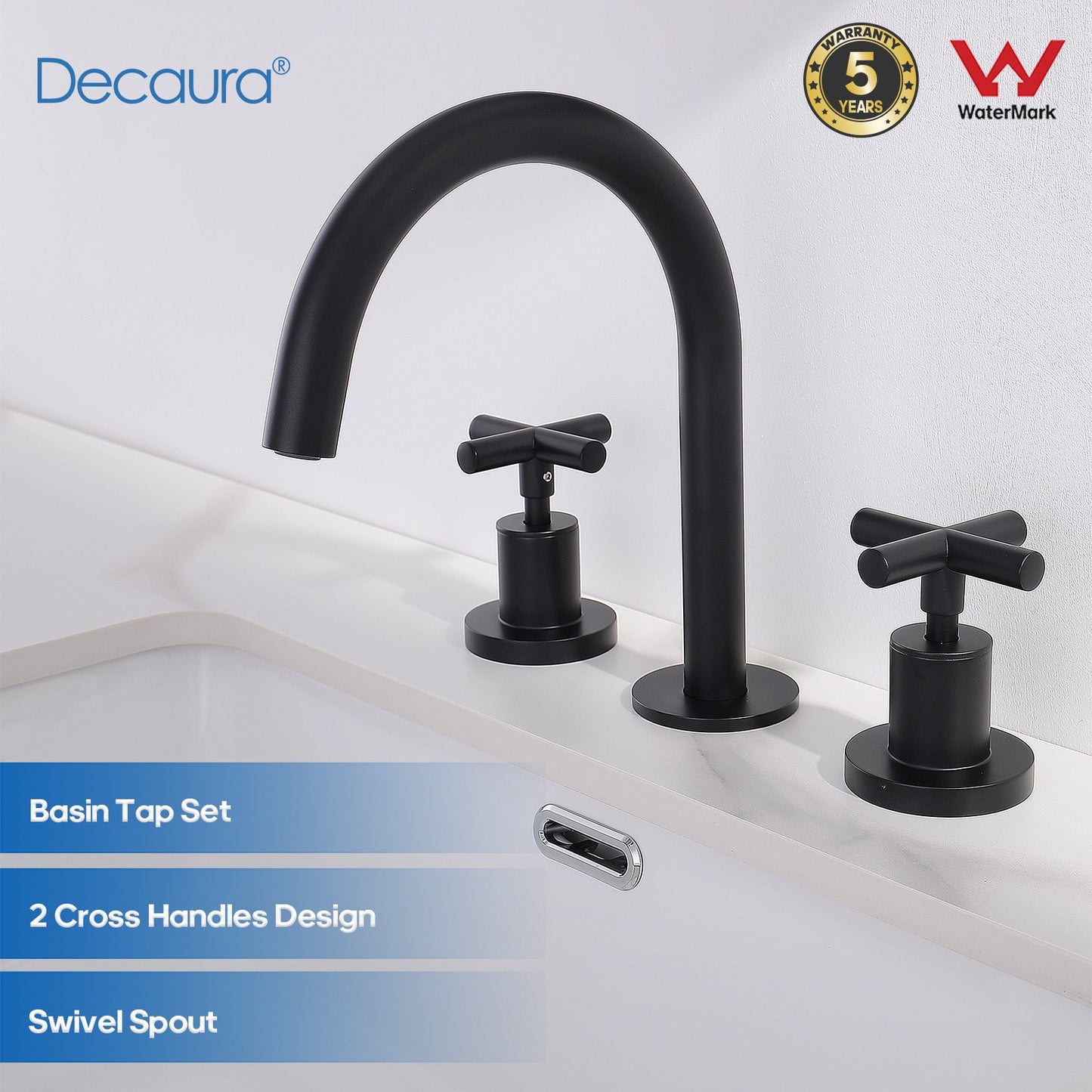 Decaura Basin Tap Set 1/4 Turn Swivel Spout Deck Mounted Gold/Black/Silver