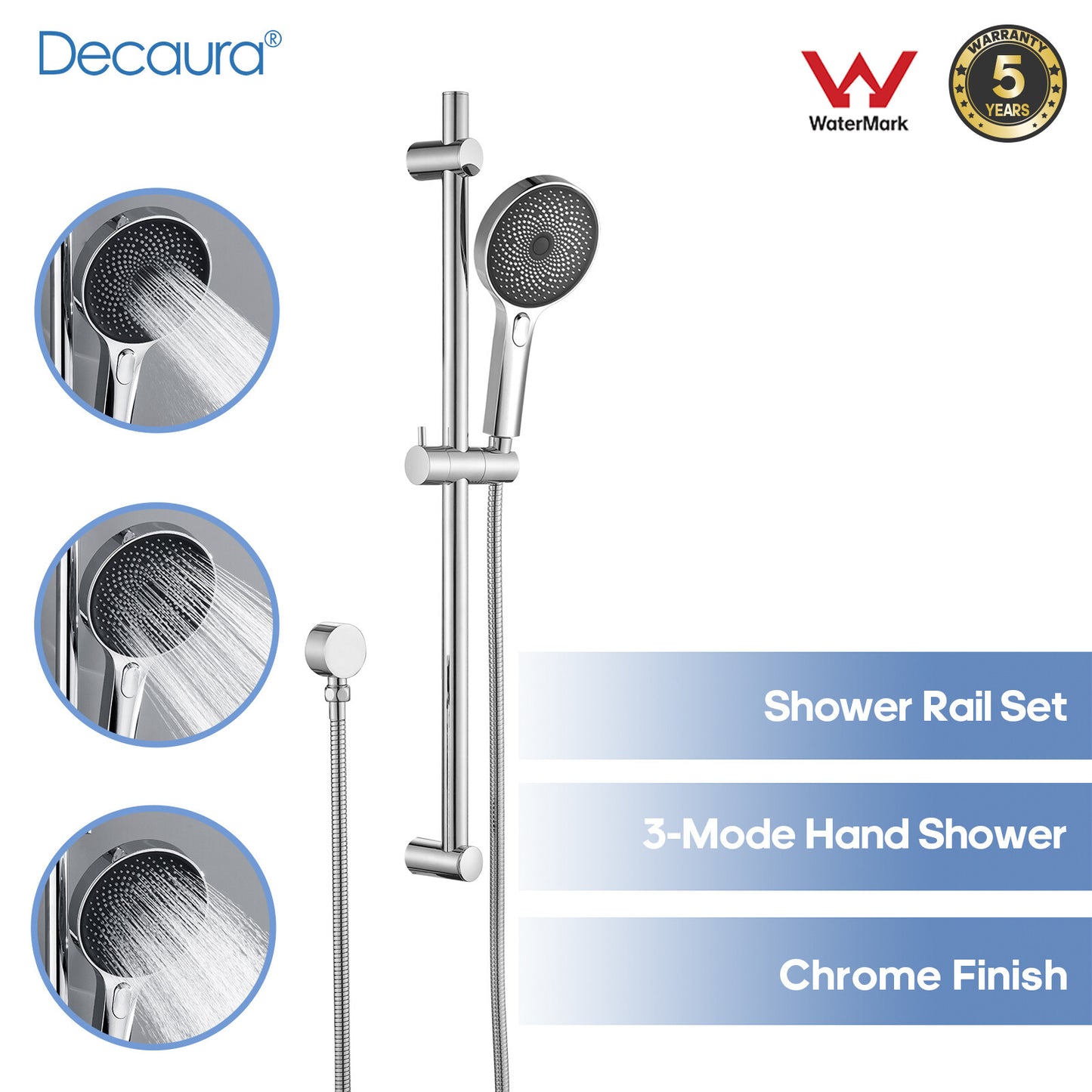 Decaura Hand Held Shower Head on Sliding Bar Chrome Shower Rail Set 3-Mode