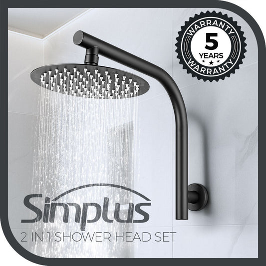 Simplus 8" Rain Shower Head Set Round Gooseneck Shower Arm Wall Mounted Black