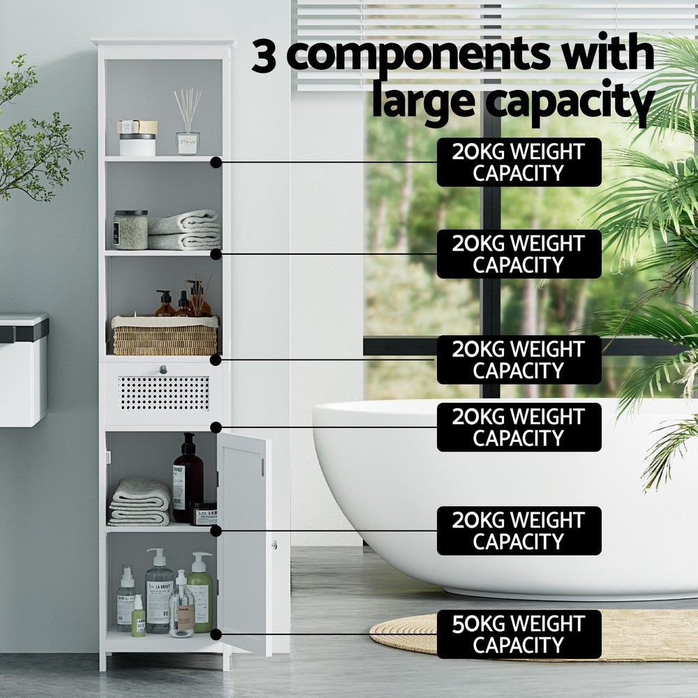 Artiss Bathroom Cabinet Storage 161cm White Rattan Tallboy Toilet Cupboard