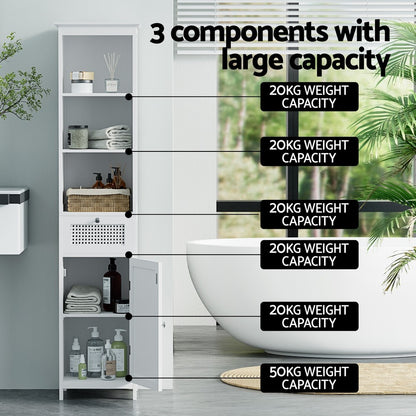 Artiss Bathroom Cabinet Storage 161cm White Rattan Tallboy Toilet Cupboard