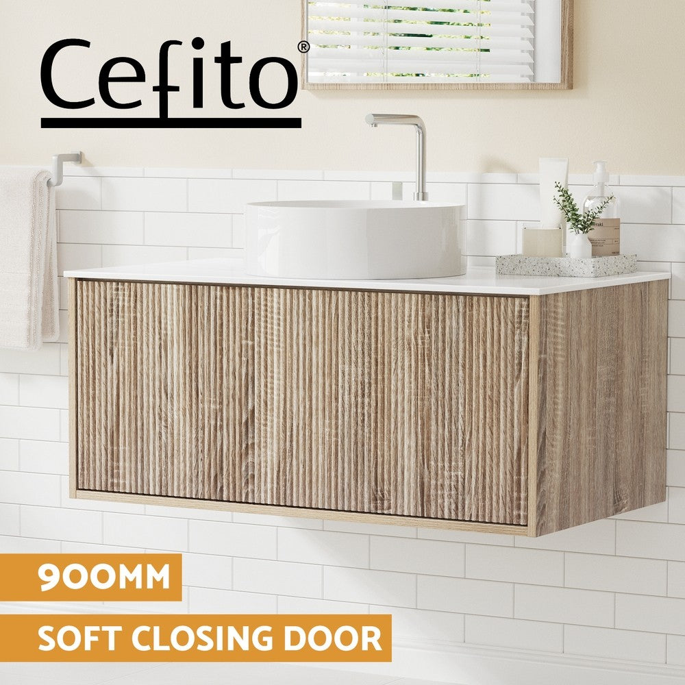 Cefito Vanity Unit 900mm Bathroom Cabinet Storage Wall Hung Oak Grooved Timber