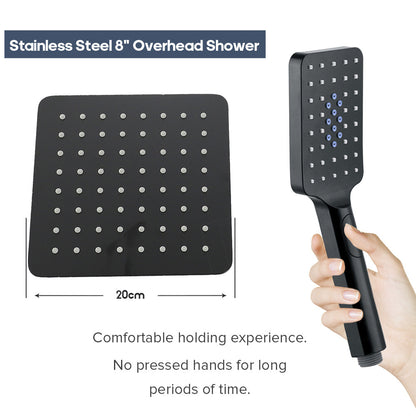 Decaura Black Shower Head Set 2in1 Square Gooseneck Arm Overhead 8 inch Rainfall