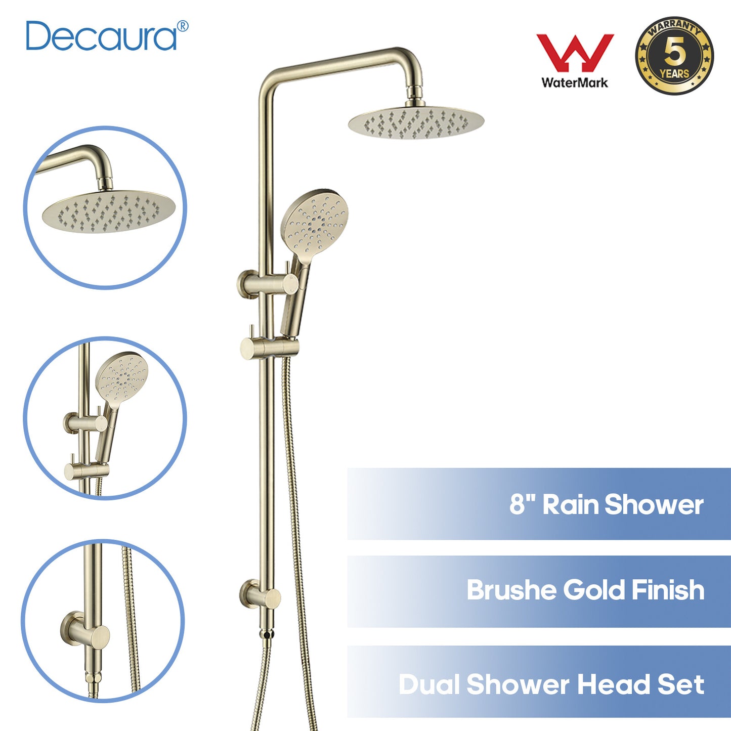 Decaura Shower Head Set Brushed Gold Round Rail Set Shower Mixer Tap Wall Mount