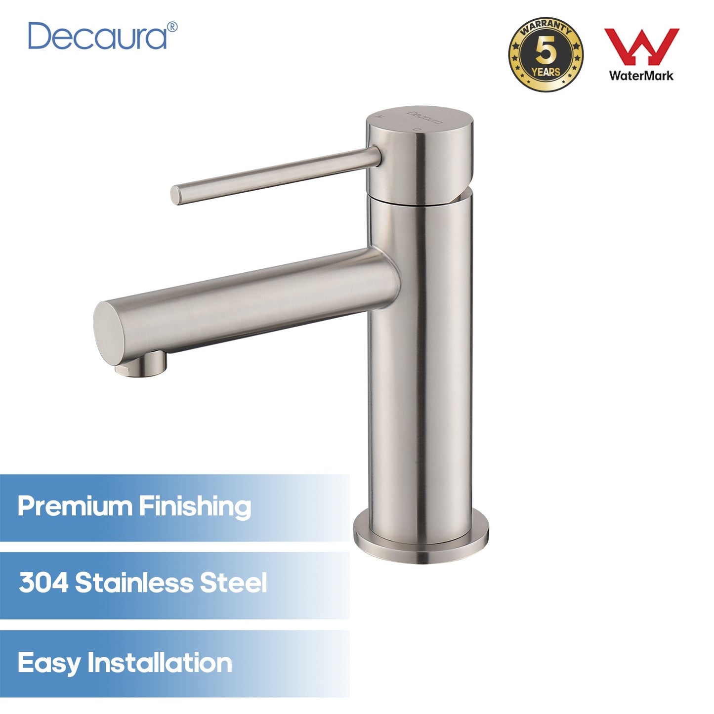 Decaura Bathroom Basin Mixer Tap Stainless Steel Round Chrome/Brushed/Black/Gold