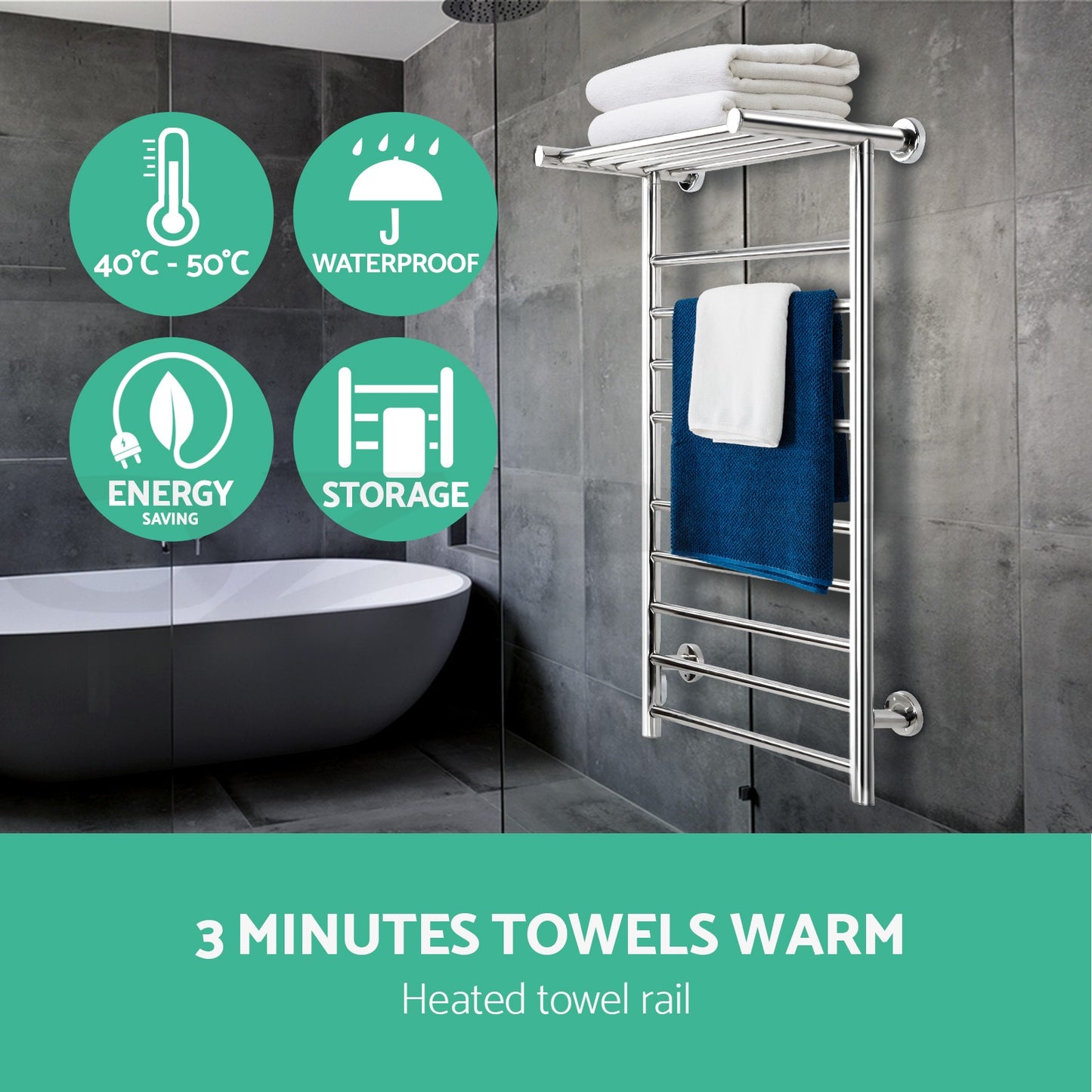 Devanti Heated Towel Rail Bathroom Electric Warmer Clothes Rack Stainless Steel