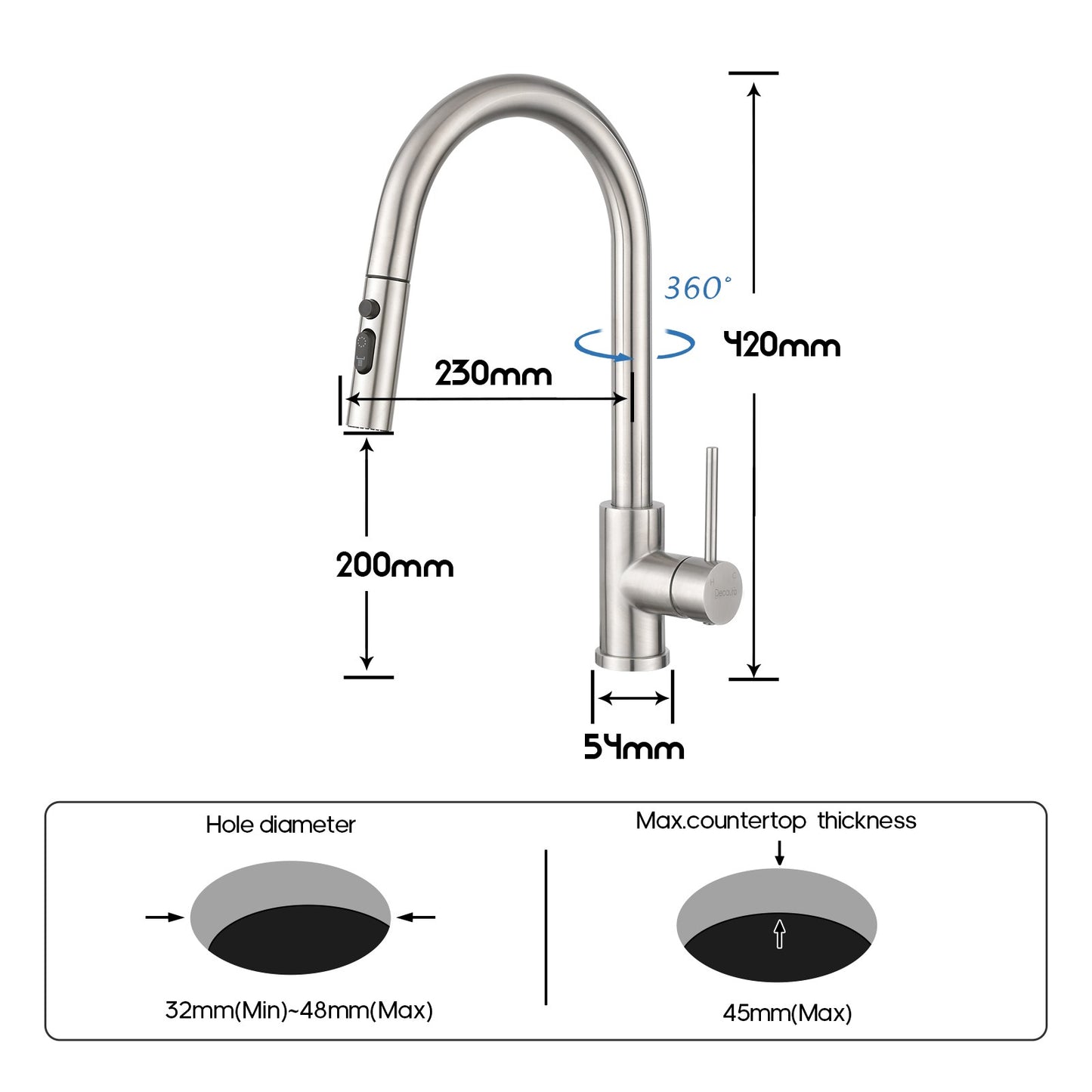 Decaura Kitchen Sink Mixer Tap Pull Out Brushed Nickel 3-Mode Spray Swivel