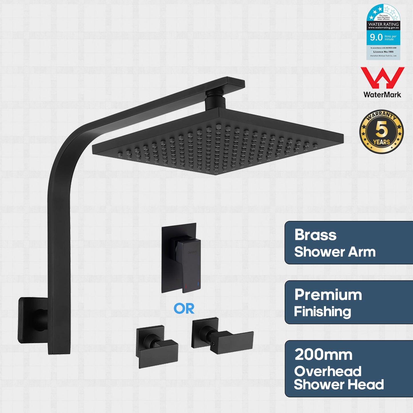 Decaura 8" Rain Shower Head Set Black Square Gooseneck Arm Shower Mixer Taps