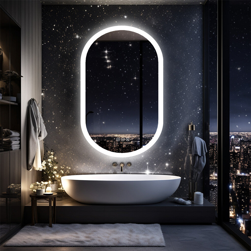 Oval Lighted LED Bathroom Mirror Pill Shaped Anti-Fog Smart Makeup Vanity Mirror