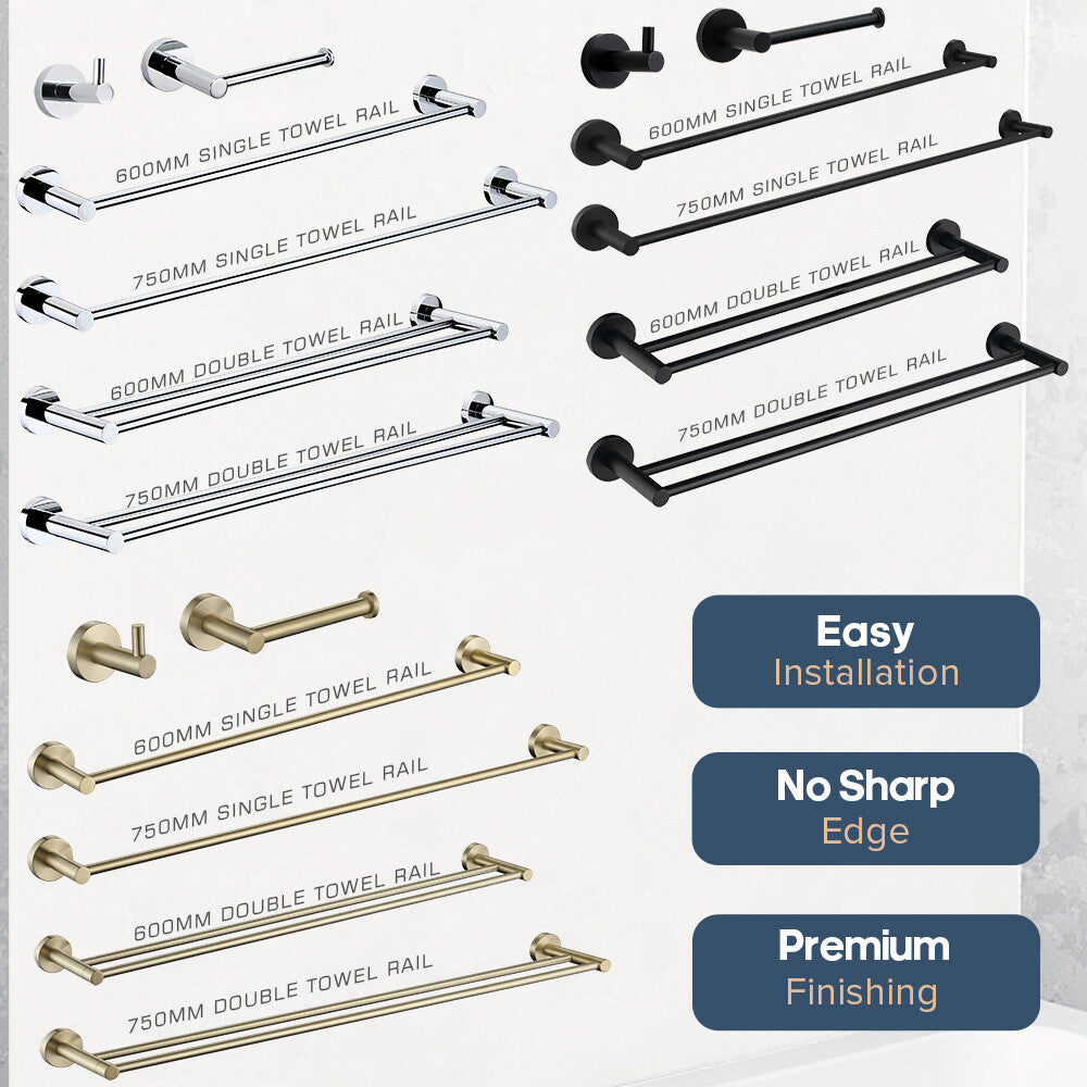 Towel Racks 600mm 750mm Toilet Roll Holder Robe Hook Chrome Black Brushed Gold