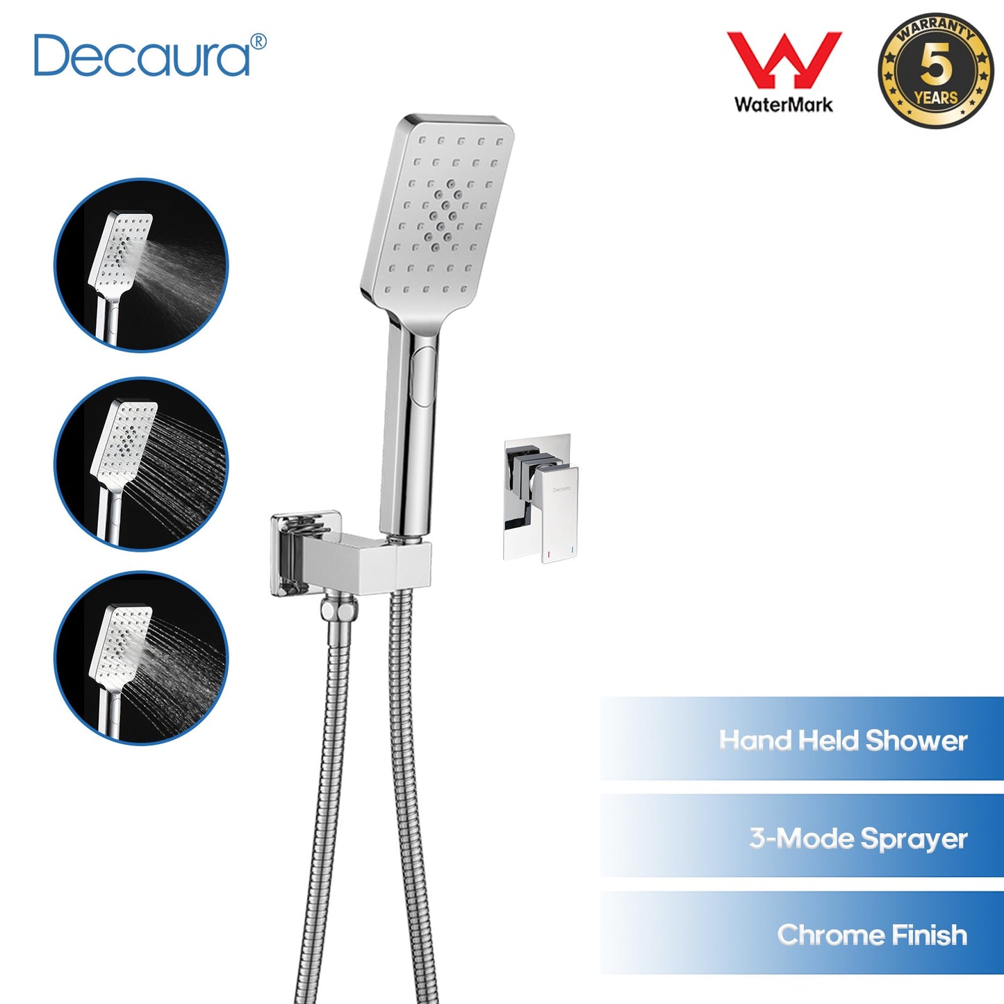 Decaura Square Hand Held Shower Head Set Chrome Handset Bathroom Wall Taps