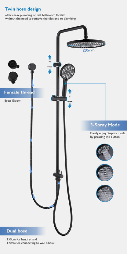 Decaura 10" Shower Head Set Black Separate Water Inlet Wall Tapware Shower Taps