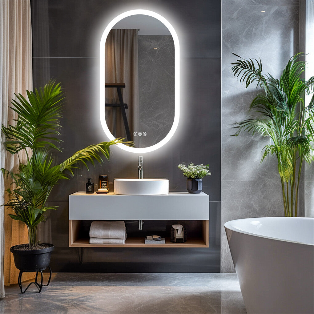 Oval Lighted LED Bathroom Mirror Pill Shaped Anti-Fog Smart Makeup Vanity Mirror