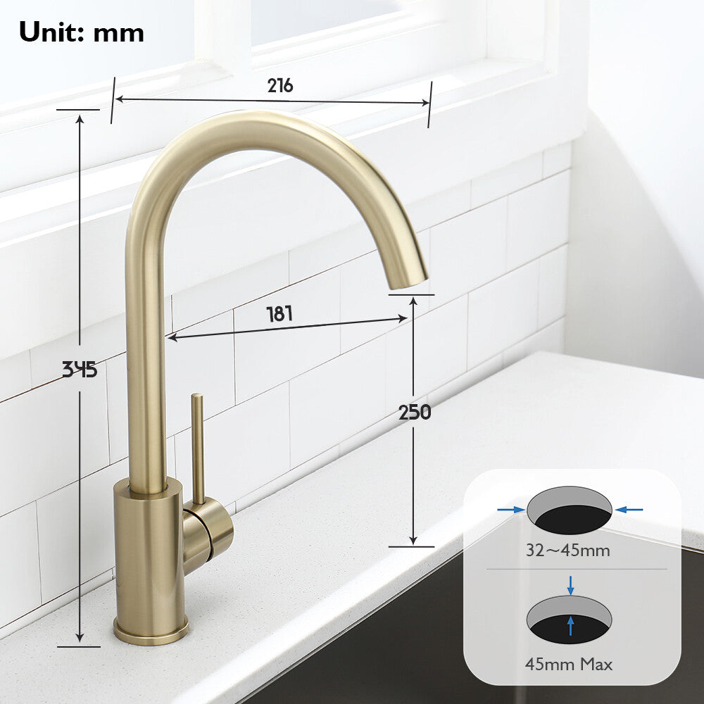 Decaura Kitchen Mixer Tap Brushed Gold Stainless Steel Sink Laundry Taps Swivel
