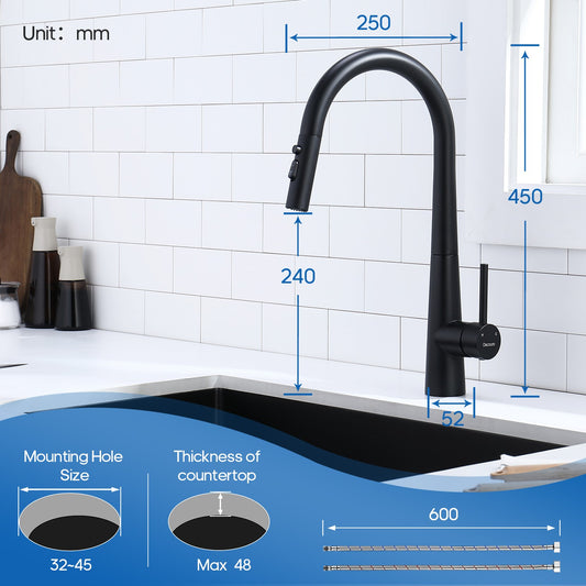 Decaura Kitchen Tap Black Pull Out 3-Mode Spray Head Gooseneck Swivel Arm Luxury