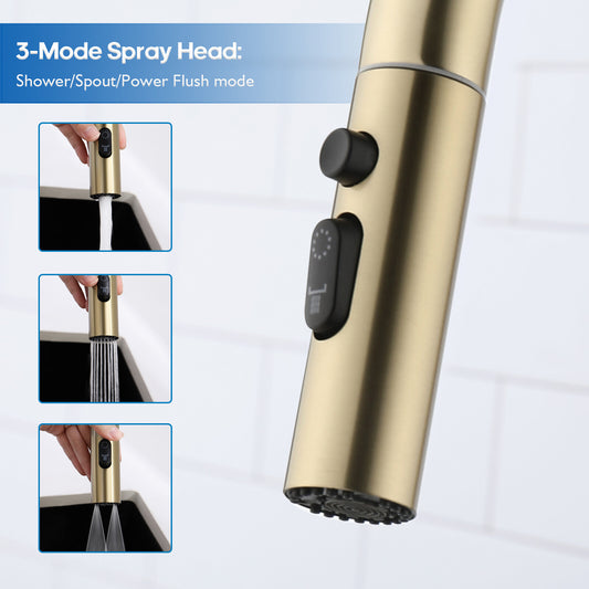 Decaura Kitchen Tap Sink Mixer Faucet Brushed Gold Pull Out 3-Mode Spray Head